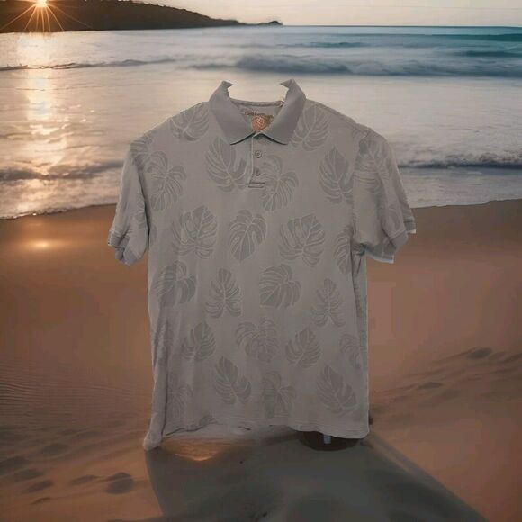 Caribbean Adult Mens L Gray Silk Blend Short Sleeve Polo Shirt Floral - Picture 1 of 7